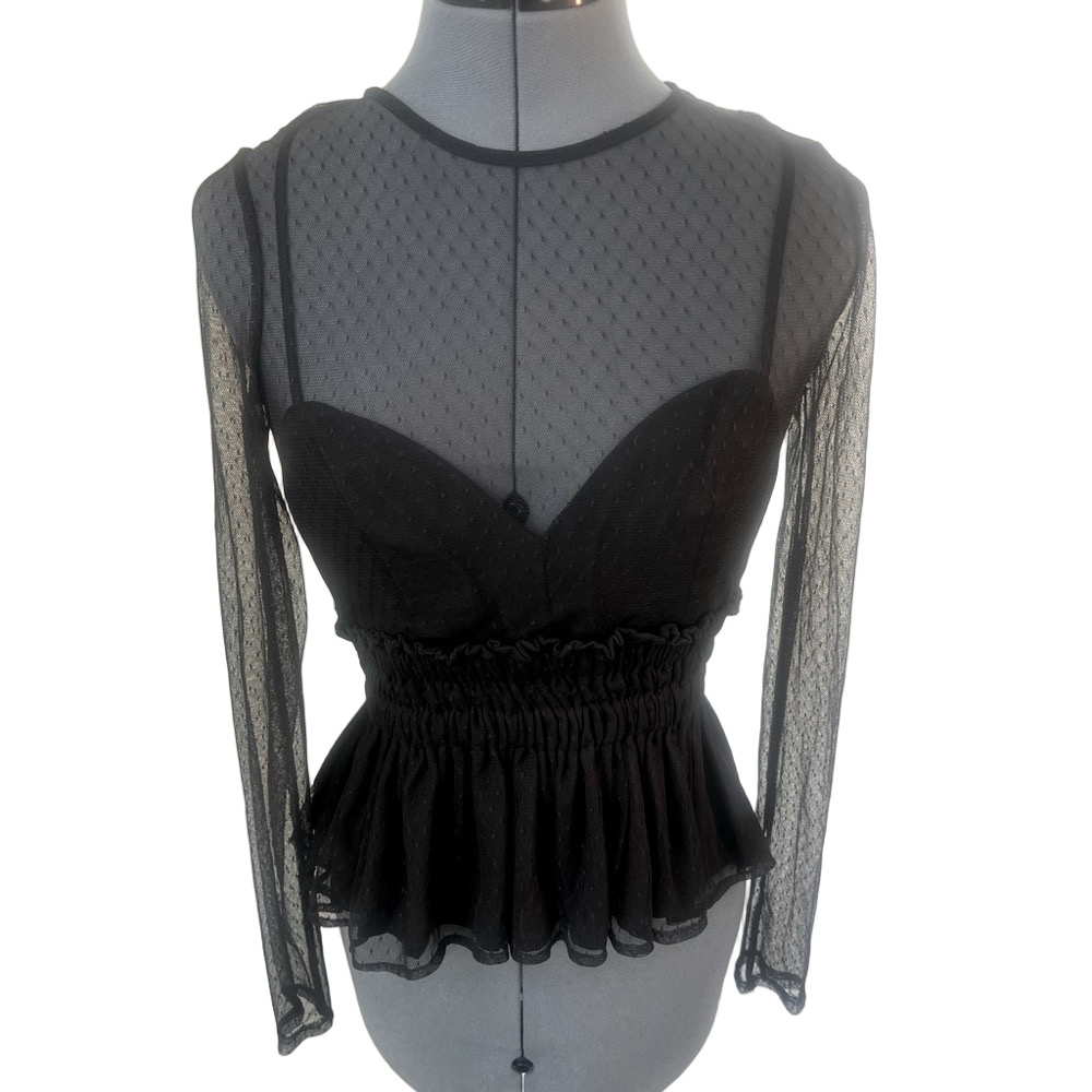Sahara Black Sheer Mesh Peplum Top Sz M Long Sleeve Sheer Swiss Dot Party Blouse